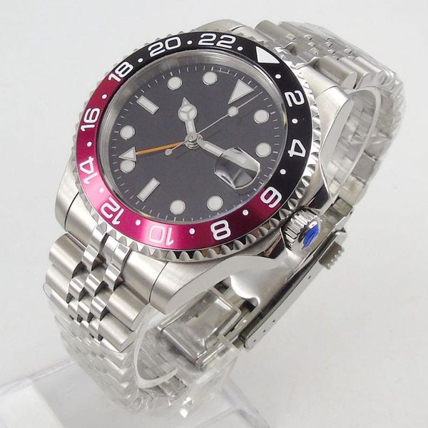 

wristwatches 40mm dreamrui black dial sapphire glass red bezel luminous jubilee orange gmt automatic men's watch, Slivery;brown