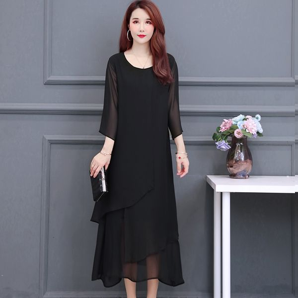 

casual dresses l-5xl women chiffon full summer fashion elegant black ruffles loose long female 7euf, Black;gray