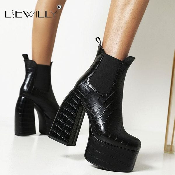 

boots lsewilly 2021 women shoes high chunky stretch ankle platform modern boot round toe short 14cm black