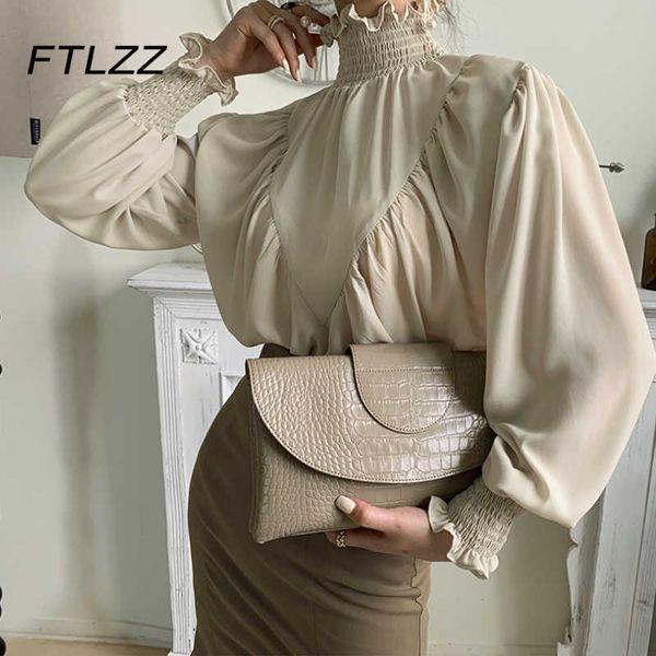 

elegant women lantern sleeve blouse spring autumn ruffles turtleneck shirts ladies korean loose blouses fall 210602, White