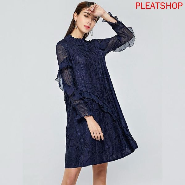 

casual dresses heavy embroidered 2021 spring dress miyake fold half-turtle-neck mesh drawstring sleeve women elegant plus size, Black;gray