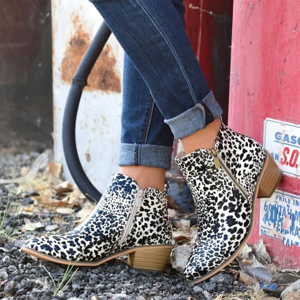 

boots women autumn ankle woman pu leather zipper thick heel ladies shoes leopard pointed toe women's fashion plus size., Black