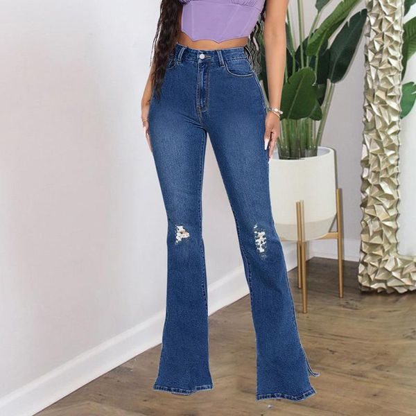 

women's jeans blue ripped split women high waist flared pants streetwear denim trousers lady black slim boot cut autumn 2021