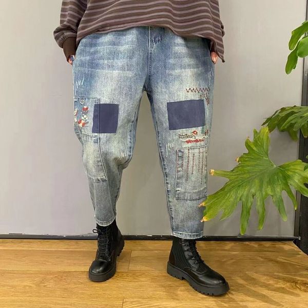 

2021 new spring women fashion retro patchwork embroidery streetwear style female casual denim trouser ankle length pant blo4, Blue