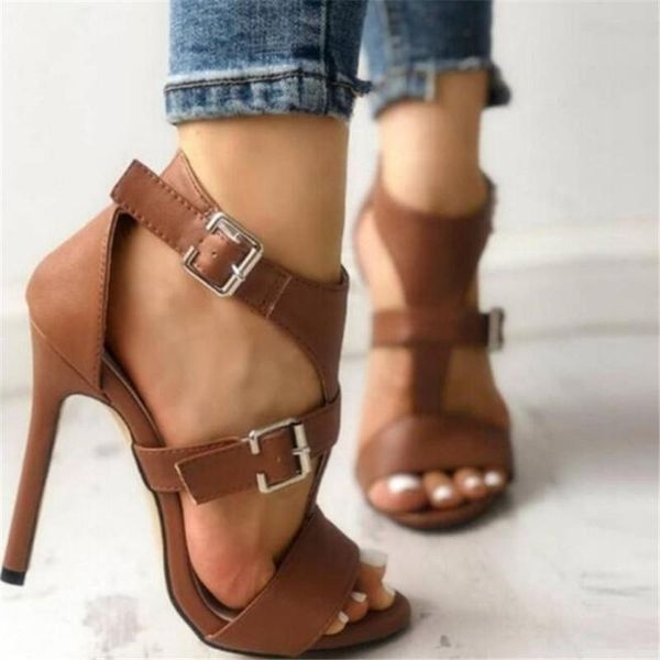 

sandals 2021 women summer gladiator fine high heels leather peep toes ankle buckle strap woman party shoes black sandalia mujer