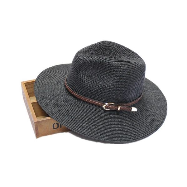 

stingy brim hats summer solid fedoras jazz hat pu belt bands panama caps women wide straw beach cap uv protection, Blue;gray