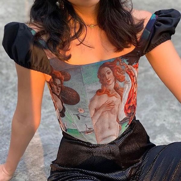 

women's t-shirt y2k angel printed 90s women casual puff sleeve cardigan fashion printing back zipper exposed navel streetwear 2021, White