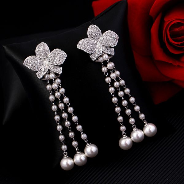 

zircon flower brand women fashion long pearls tassel dangler west earrings 2021 luxury wedding bridal jewelry, Silver