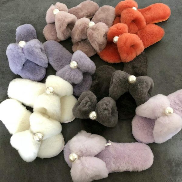 

slippers 100% natural fur 2021 butterfly-knot style bead warm flat women's shoes, Black