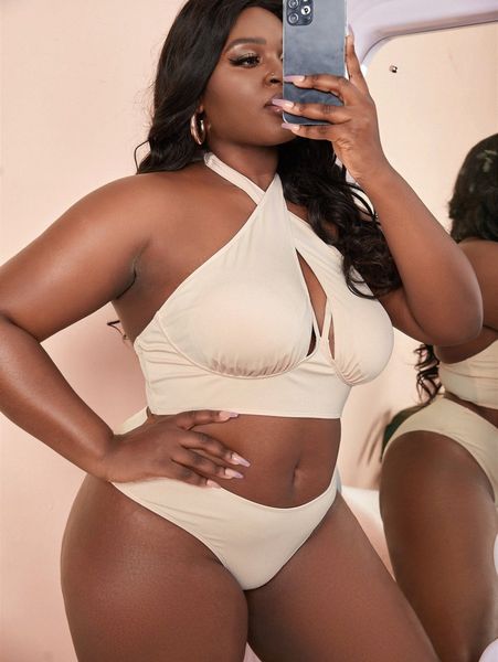 

plus rib cross bikini swimsuit n270#, Black