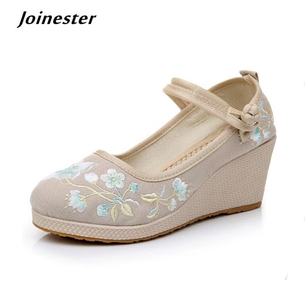 

dress shoes floral embroidered women spring wedges pumps ladies ethnic canvas mary jane vintage round toe espadrilles for female, Black