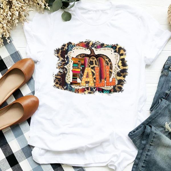 

women lady leopard pumpkin ladies print thanksgiving fall halloween tshirt shirt clothes graphic female t tee womens t-shirt, White