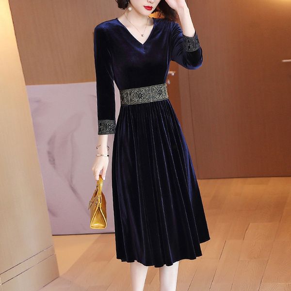 

blue patchwork midi dress for women autumn winter v-neck 3/4 sleeve party velvet evening dresses female 2021, Black;red