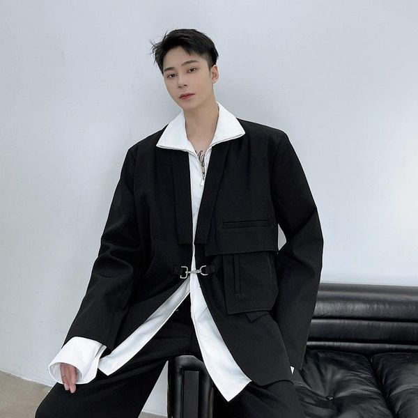 

male vintage fashion suit coat men metal button streetwear hip hop casual loose black white suit blazers jacket, White;black