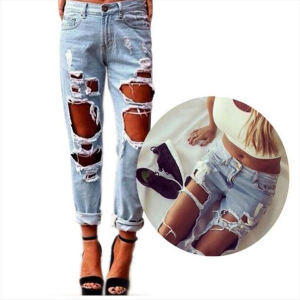 

brand destroyed ripped distressed women jeans slim hole pants boyfriend trousers hollow out deans pant, Blue