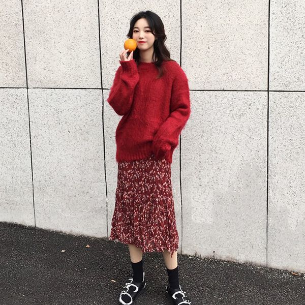

new women 2021 autumn winter vintage 2pcs set loose knitted sweater + printed chiffon es suit female sets a610jfs4, Black;gray