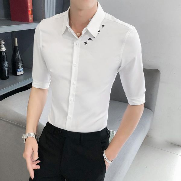 

men's casual shirts black/white summer half sleeve printed for men clothing 2021 simple slim fit streetwear tuxedo dress all match 3xl, White;black