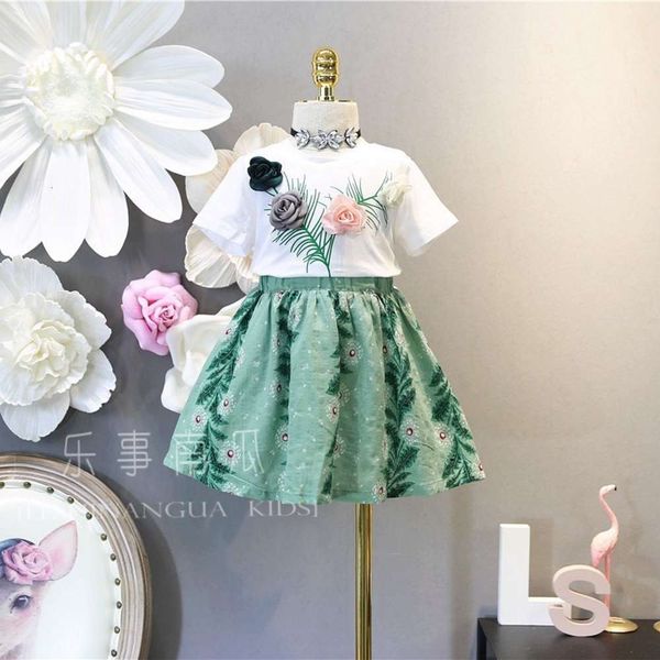 

three children's suit wear girls' dimensional flower t-shirt with skirt 21 summer new 3-8 years old, White