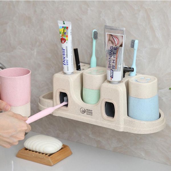 

quickdone 3 types toothpaste dispenser+tooth cup toothbrush set storage rack wall mounted couple washing bathroom holder