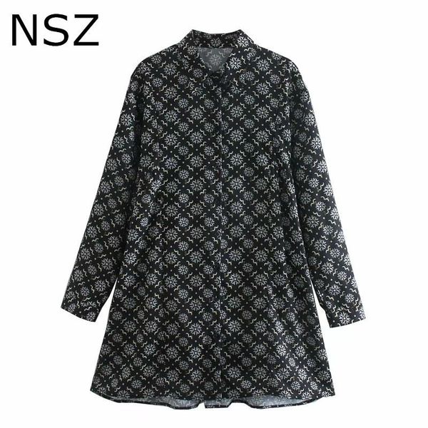 

casual dresses nsz women plaid floral print shirt dress pleasted vintage loose long sleeve smock blouse, Black;gray