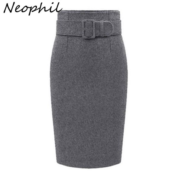 Neophil зимняя серая толстая шерсть MIDI-карандаш юбки плюс размер женщин повседневная стройная высокая талия ремень офисный рабочий носить SAIAS S1205 210311