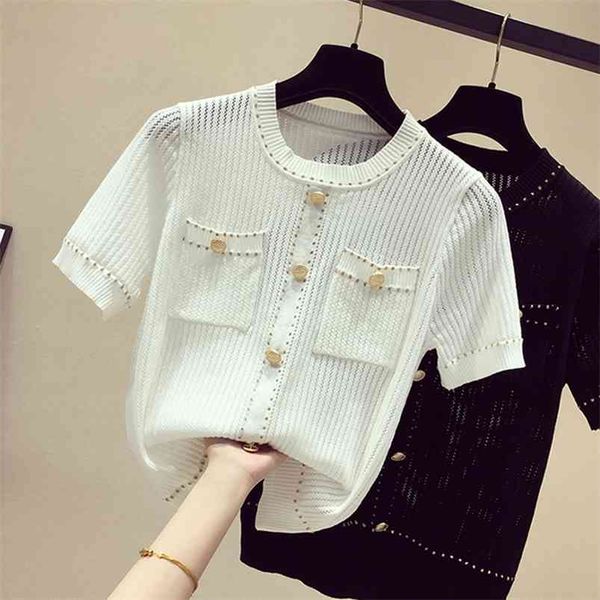 

thin hollow out t shirt women button tshirt knitted summer woman short sleeve casual t- female tee femm 210623, White