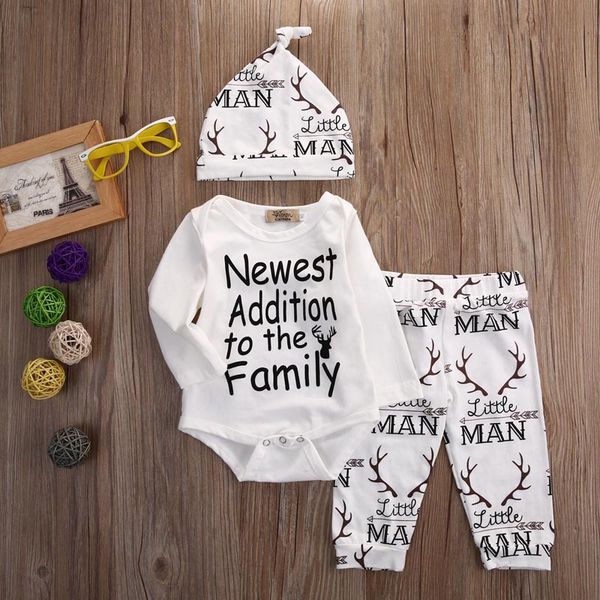 

new newborn infant baby boy clothes set long sleeve o-neck romper pant hat outfits set new, White