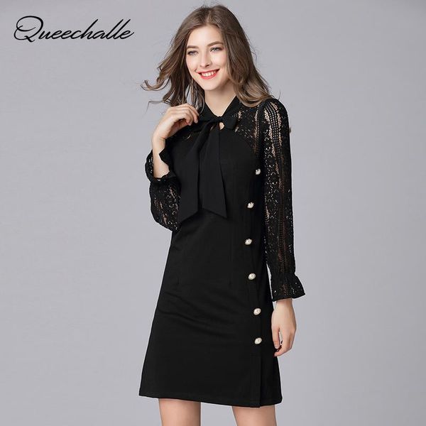 

casual dresses queechalle autumn dress women sweet bow ties collar hollow out lace long sleeve 3xl 4xl 5xl buttons plus size vestidos, Black;gray