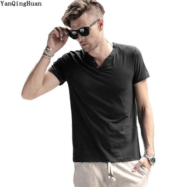 

summer men's clothing cotton slim short-sleeved solid color t-shirt europe and the united states button harajuku casual t-shirt, White;black