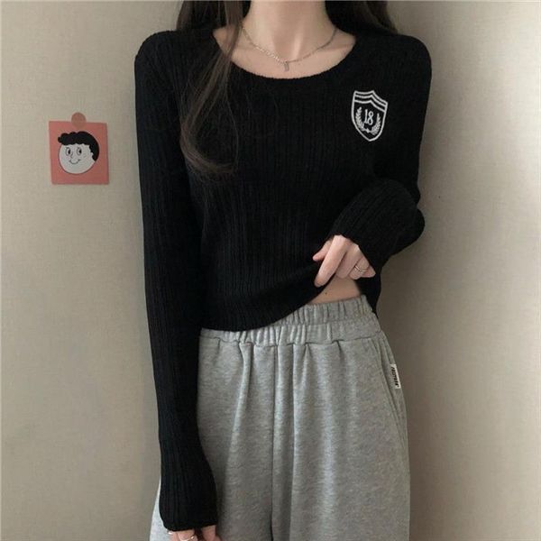 

woman high waist short women sweaters midriff baring womens round neck spring autumn tight long sleeve knitted, White;black