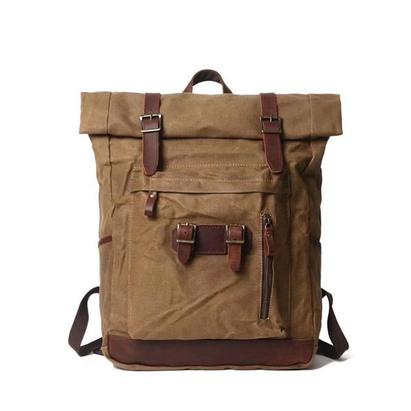 

backpack european and american street men's backpacks wax canvas with real leather bags women's sports hiking