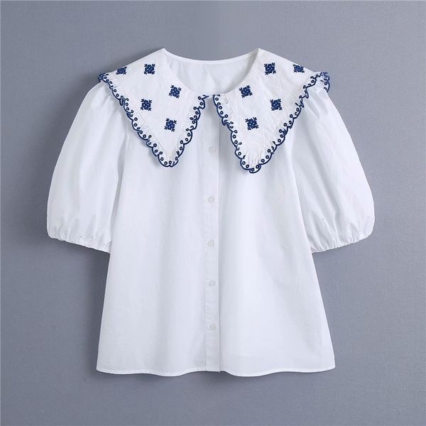 

women's blouses & shirts women fashion embroidery peter pan collar white blouse female casual short sleeve single breasted poplin