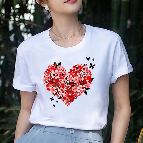 

women's t-shirt summer red flower love print t shirts fashion o-neck short sleeve clothing tshirt harajuku leisure white
