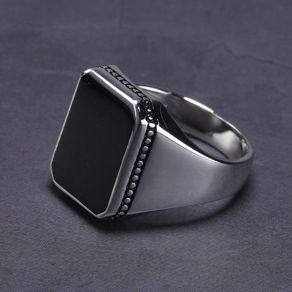 

cluster rings real solid 925 sterling silver ring simple for men imitated black stone square flat high polishing middle east turkish jewelry, Golden;silver