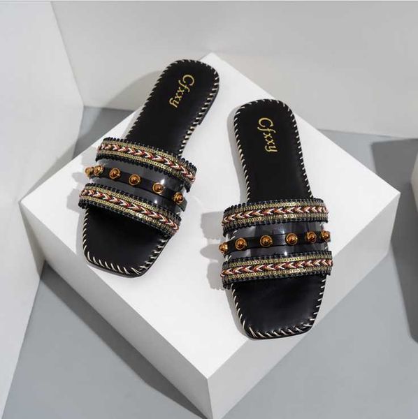 

slippers national style women's transparent flat sandals solid casual heel shoes size 37-42, Black