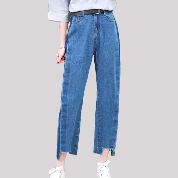 

women's jeans juaykala 2021 style baggy high waist loose thin wide leg nine pants straight female fashion, Blue