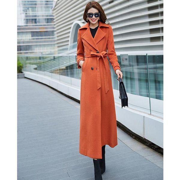 

women's wool & blends england style fashion woolen coat women 2021 autumn winter female long blend trench belt warm overcoats, Black