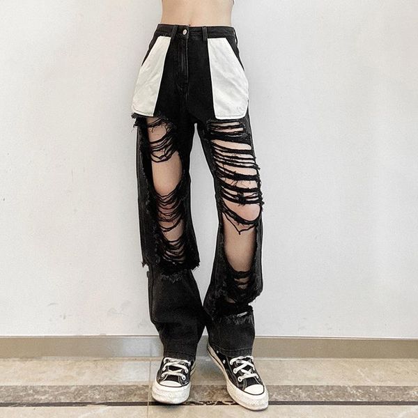 

women's jeans ladies ripped solid color loose high waist fashion korean quality pants, Blue