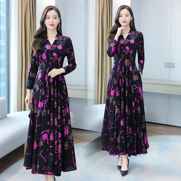 

casual dresses women dress autumn 2022 office lady national wind knitting print long sleeve v-neck purple flower red flowers, Black;gray