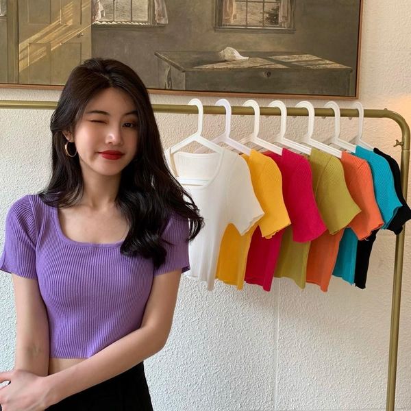 

women's blouses & shirts shirt, square collar, short-sleeved sweater, summer style, korean version, slim and thin, all-match crop top, White