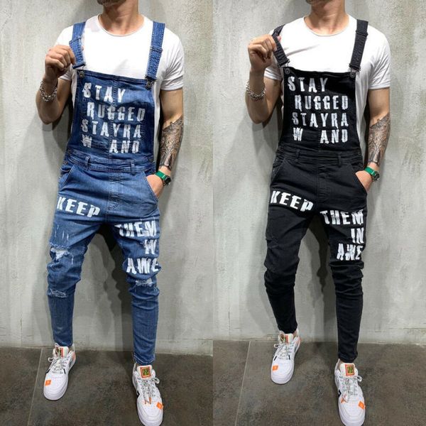 

fashion men ripped jeans jumpsuits hi street upset denim bib overalls for man jarretel broek maat, Blue