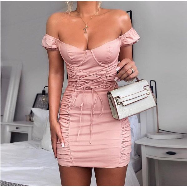 

ethnic clothing wepbel women elegant bandage ruched bodycon dress ladies off shoulder slim fit lace up pencil, Red