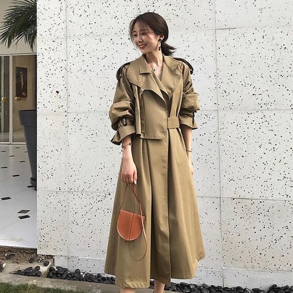 

women's trench coats khaki long coat for women casual suit loose korean fashion tooling windbreaker jackets casaco feminino chaquetas d, Tan;black