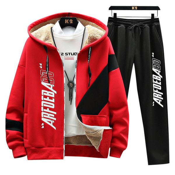 

men's sweater set cardigan thickened cloth hooded lamb plush 2021 new autumn and winter fashion, Black