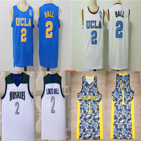 1 баскетбольный майка Lonzo Ball #2 Ucla Bruins College Jerseys сшиты светло -голубые белые чино Хиллз Хуски Рубашки средней школы