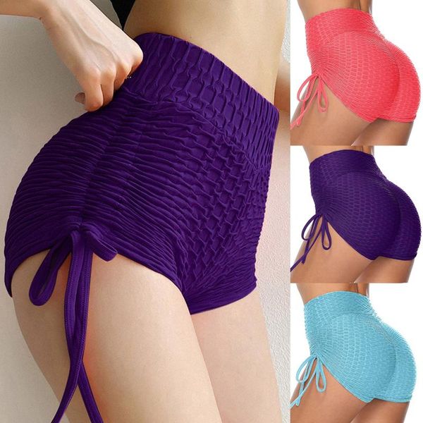 

yoga outfits women high waist hip stretch fitness wrinkled drawstring biker shorts pants pantalones sportswear, White;red