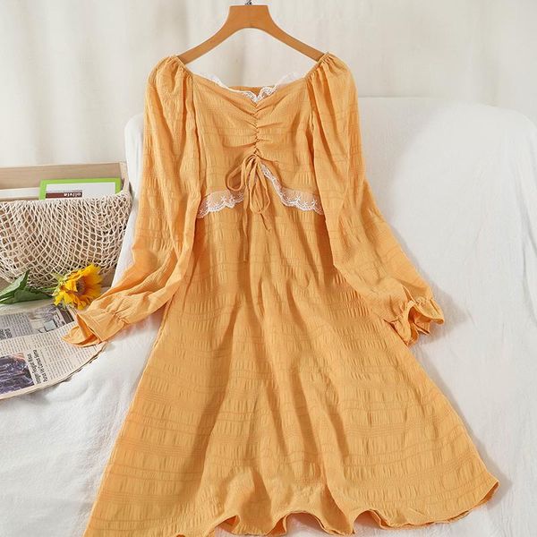 

casual dresses ruched dress midi puff sleeve vintage long woman lace patchwork elegant autumn winter for women 2021 yellow, Black;gray