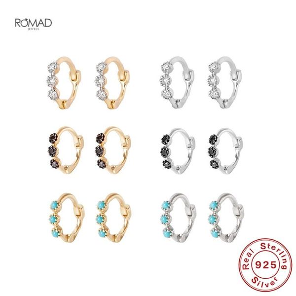

hoop & huggie romad 925 sterling silver earrings for women luxurious 3 round zircon turquoise row pierced earings fine jewelry kolczyki, Golden;silver