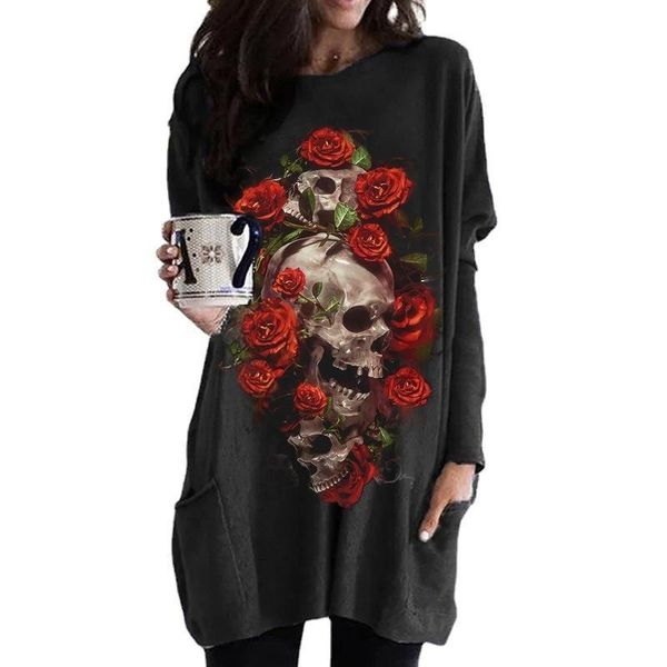 

women's hoodies & sweatshirts sweatshirt women shirts skull rose print long sleeve pullover streetwear pocket fall winter clothes casu, Black
