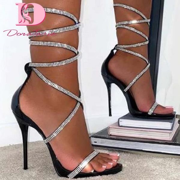 

doratasia brand new ladies summer sandals fashion crystal thin high heels cross strap sandals women party shoes woman, Black